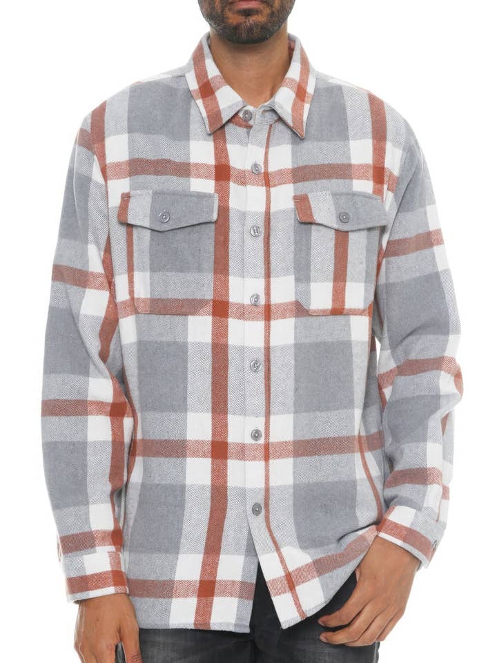 Men's Checkered Soft Flannel Shacket - Grey/Rust Pattern for wholesale by Bandanas Wholesale