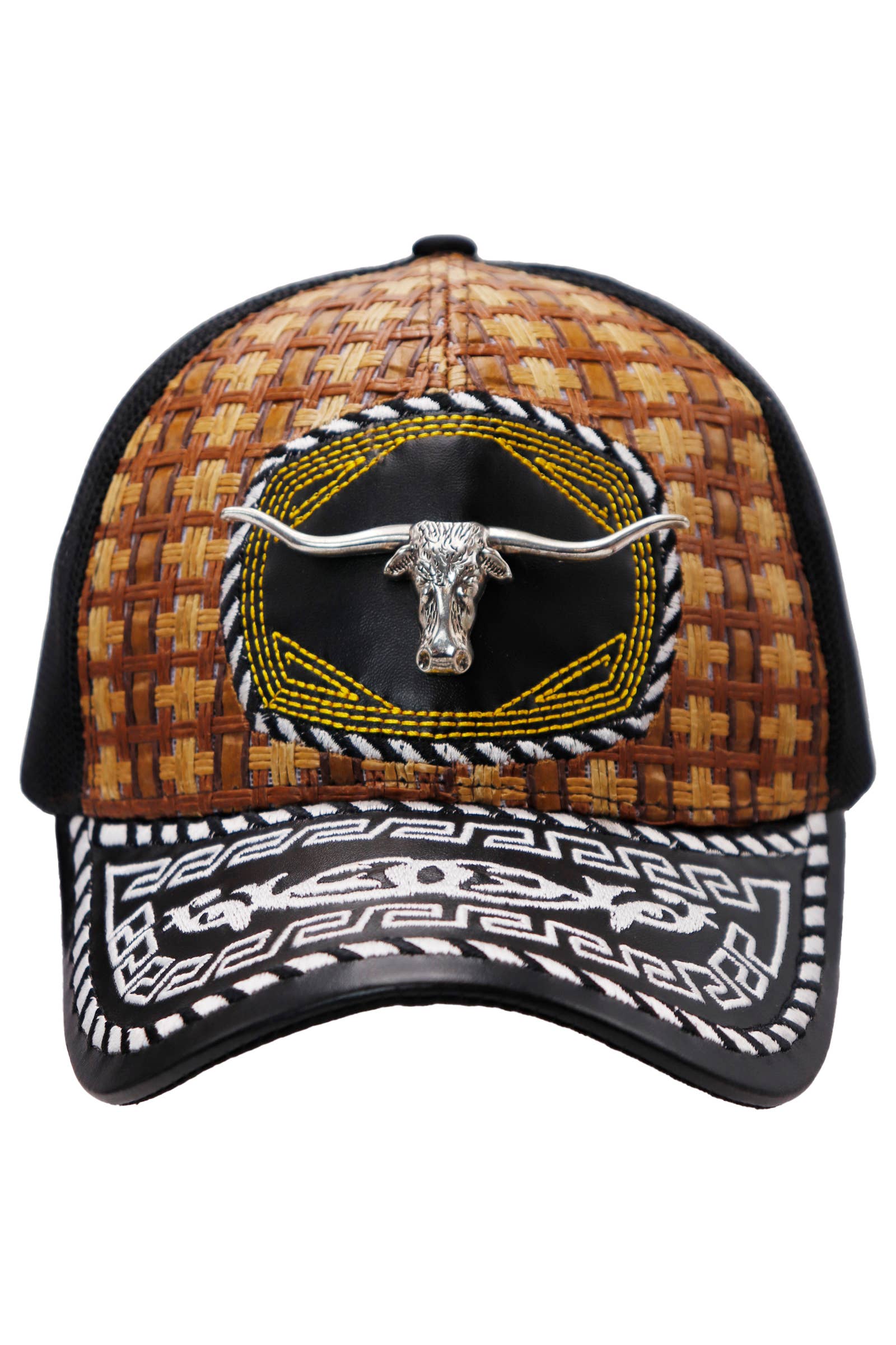 Cap Zone - Wholesale Trucker Hat - Unisex - Silver Emblem Vegan Leather Straw Mesh Charro Cap11