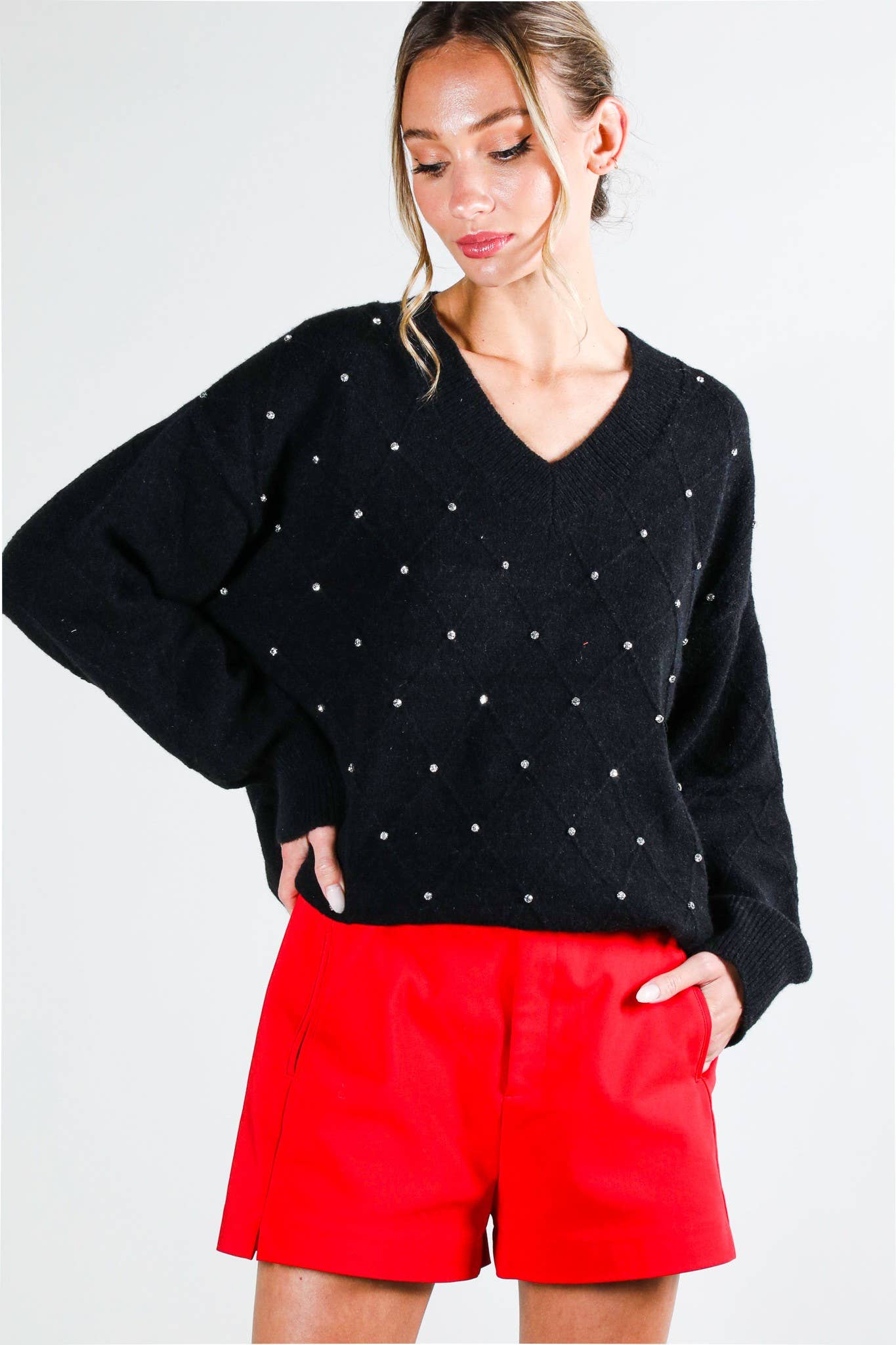 Vine & Love - Vendita all'ingrosso Maglione tricot - Donna - Maglione a maglia con scollo a V e accenti di strass a rombi VT81546-9