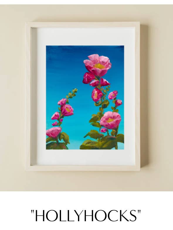 „Hollyhocks“ sydvestligt kunsttryk i størrelse 8 „x10" eller 11 „x14" for engroshandel hos Miranda Morehouse Fine Art