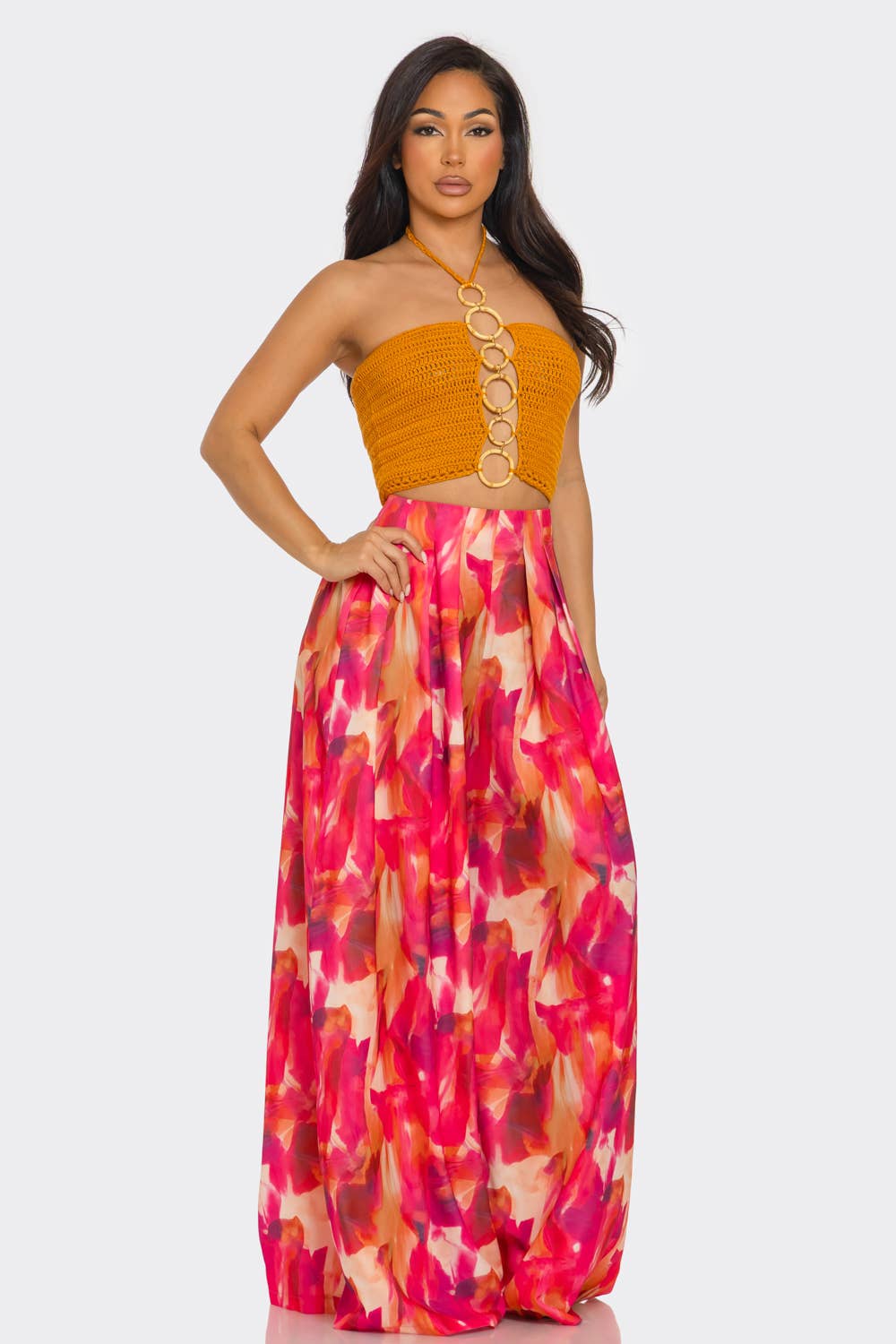 ORANGE MULTI HCCTPW633502Pc  Halterneck Top Printede Bukser med Vide Ben for engroshandel på Faire2