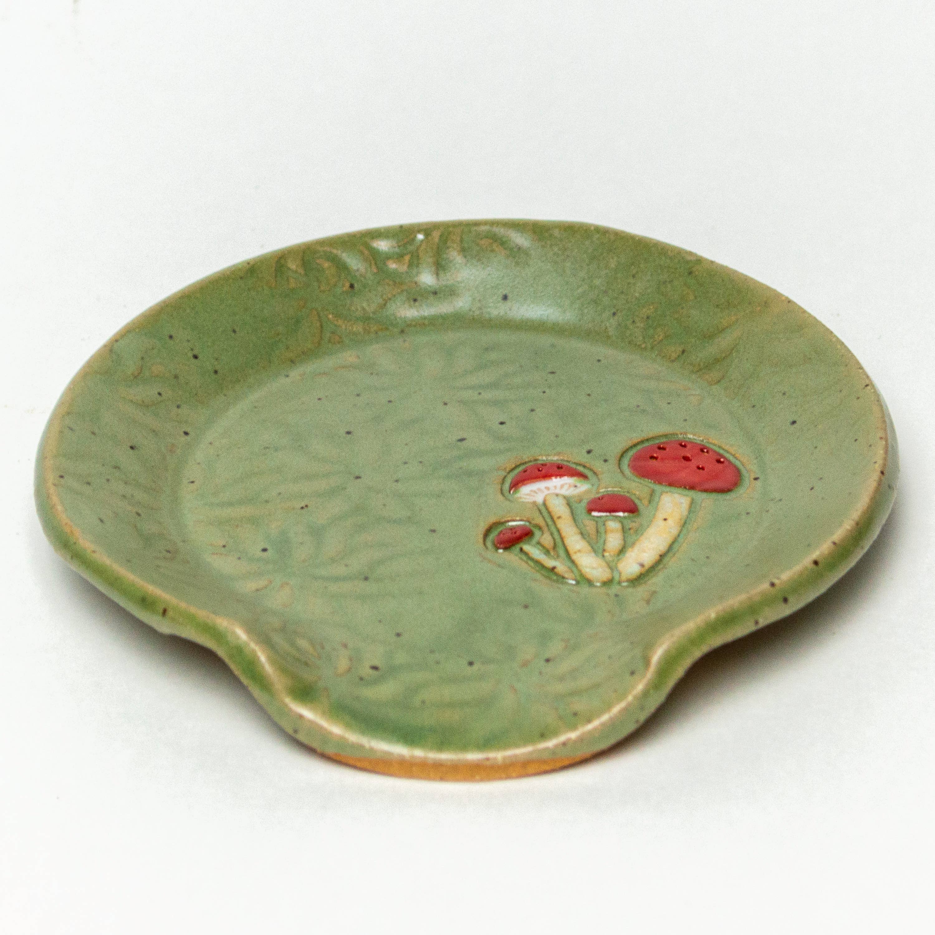 White Squirrel Clayworks - Wholesale Spoon Rest - Stoneware Spoon Rest- Mushroom Pattern Handmade in Ohio2