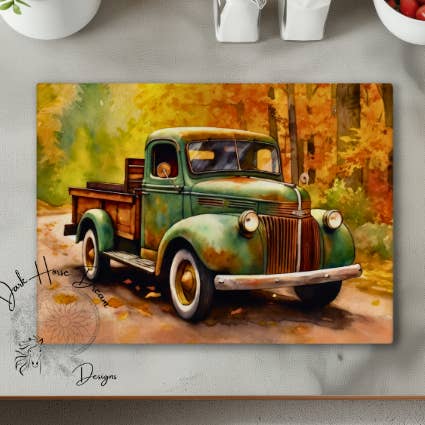 Old Farm Truck on a Fall Road Glass Cutting Board for wholesale by Dark Horse Dream Designs LLC
