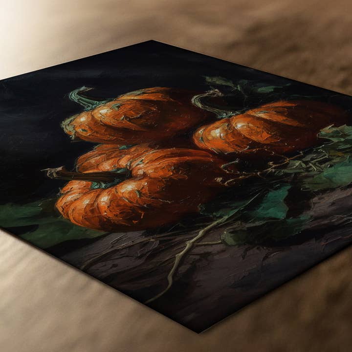 Tre humørfyldte græskar på sort Halloween-kunsttryk for engroshandel hos Paper House Print Shop