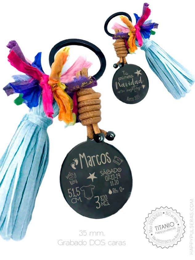 Porta-chaves pompom de aniversário em aço inoxidável preto de 35 mm gravado aprox. 2 por atacado de Happypulseras