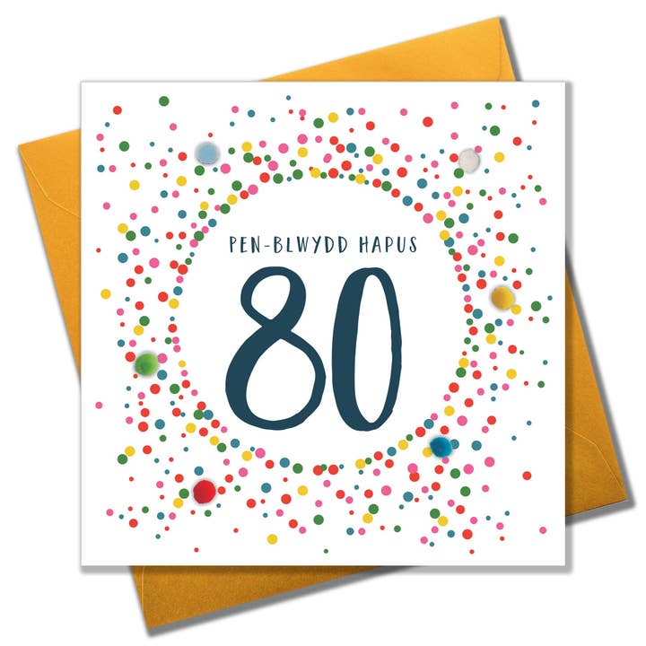 Welsh 80th Birthday Card, Penblwydd Hapus, Dotty 80, Pompom Embellished for wholesale by Claire Giles Ltd