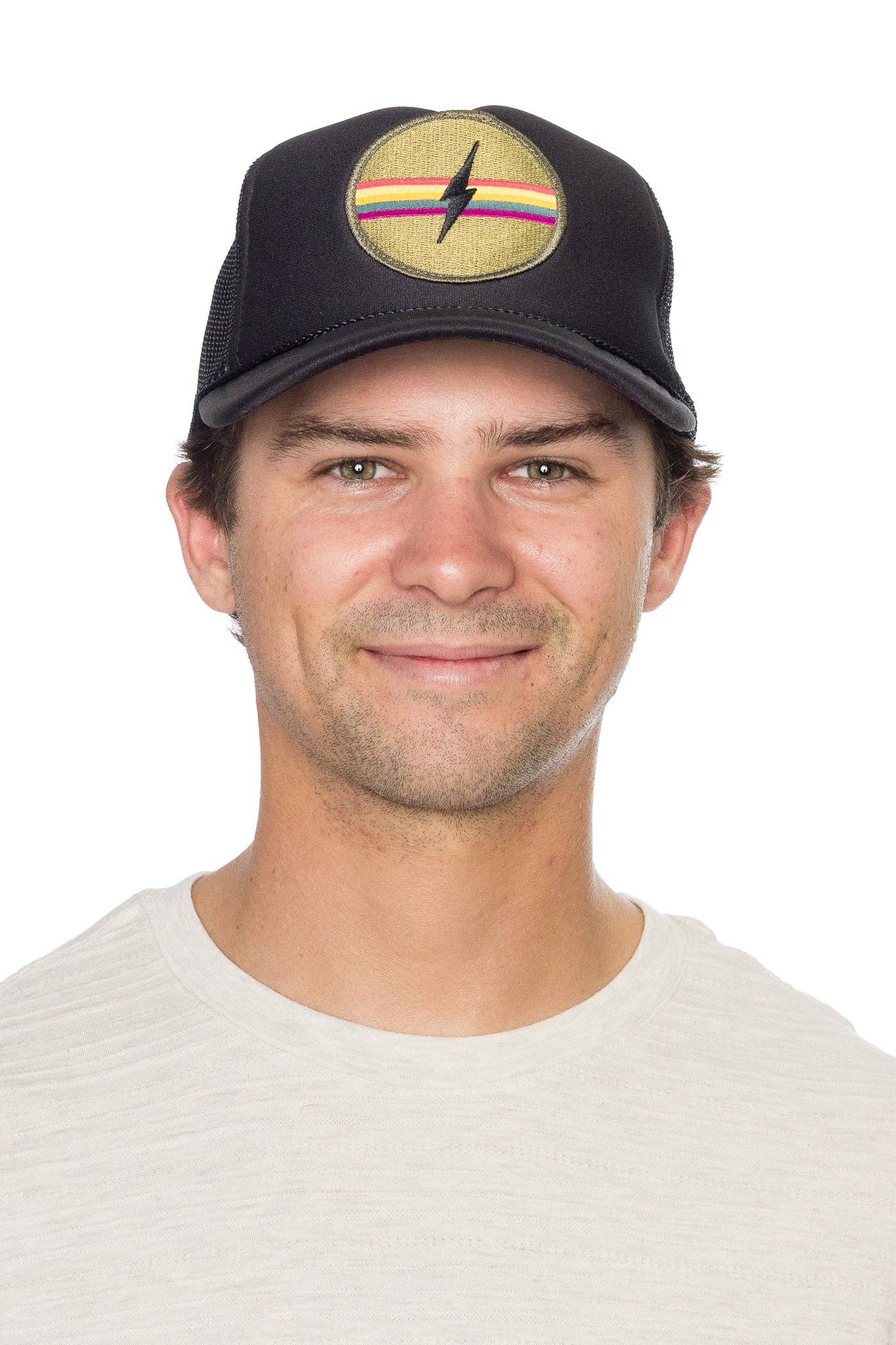 Electric Rainbow Trucker Hat in Black for wholesale on Faire6