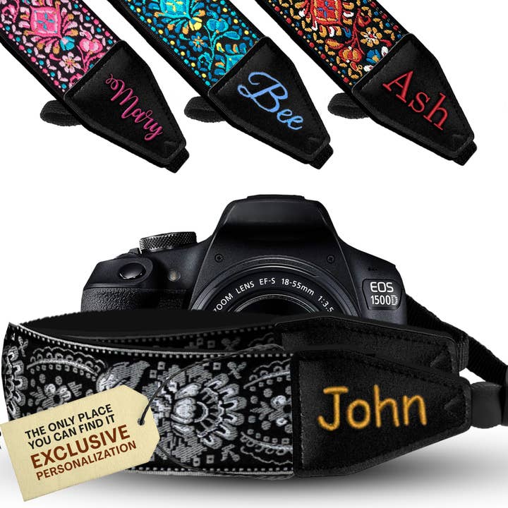Custom Embroidery with Name Camera Strap- Black Silver for wholesale by Gradzo