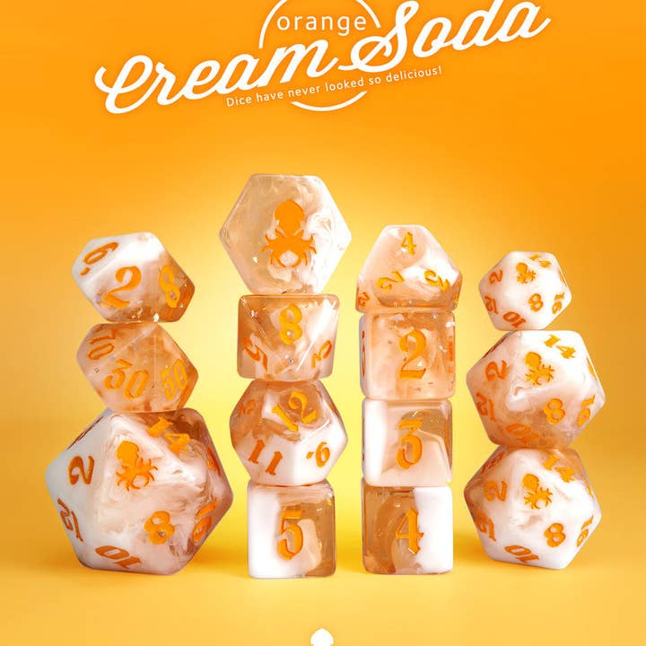 Orange Cream Soda 14pc TTRPG Dice Set with Orange Ink for wholesale by Kraken Dice