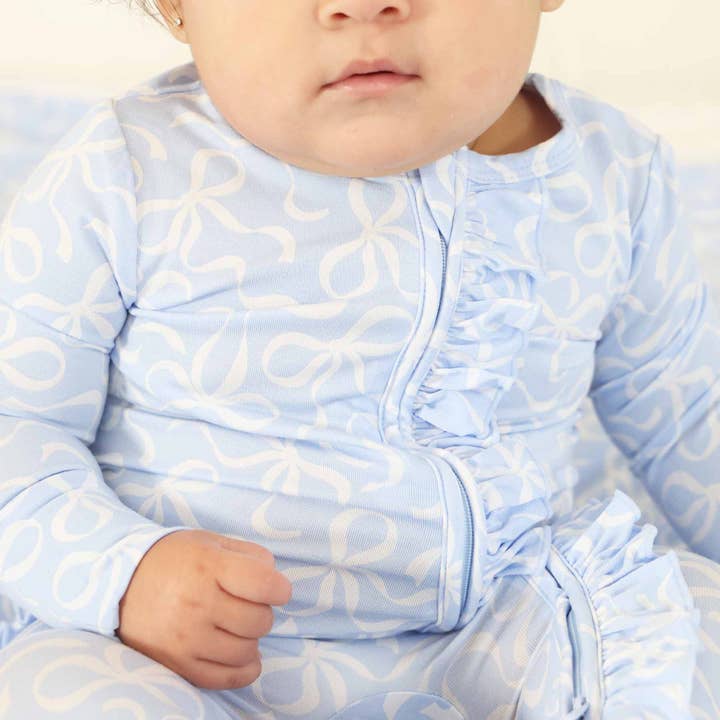 Caden Lane - Wholesale Jumpsuit - Baby - Blue-tiful Bows Ruffle Zipper Footie4