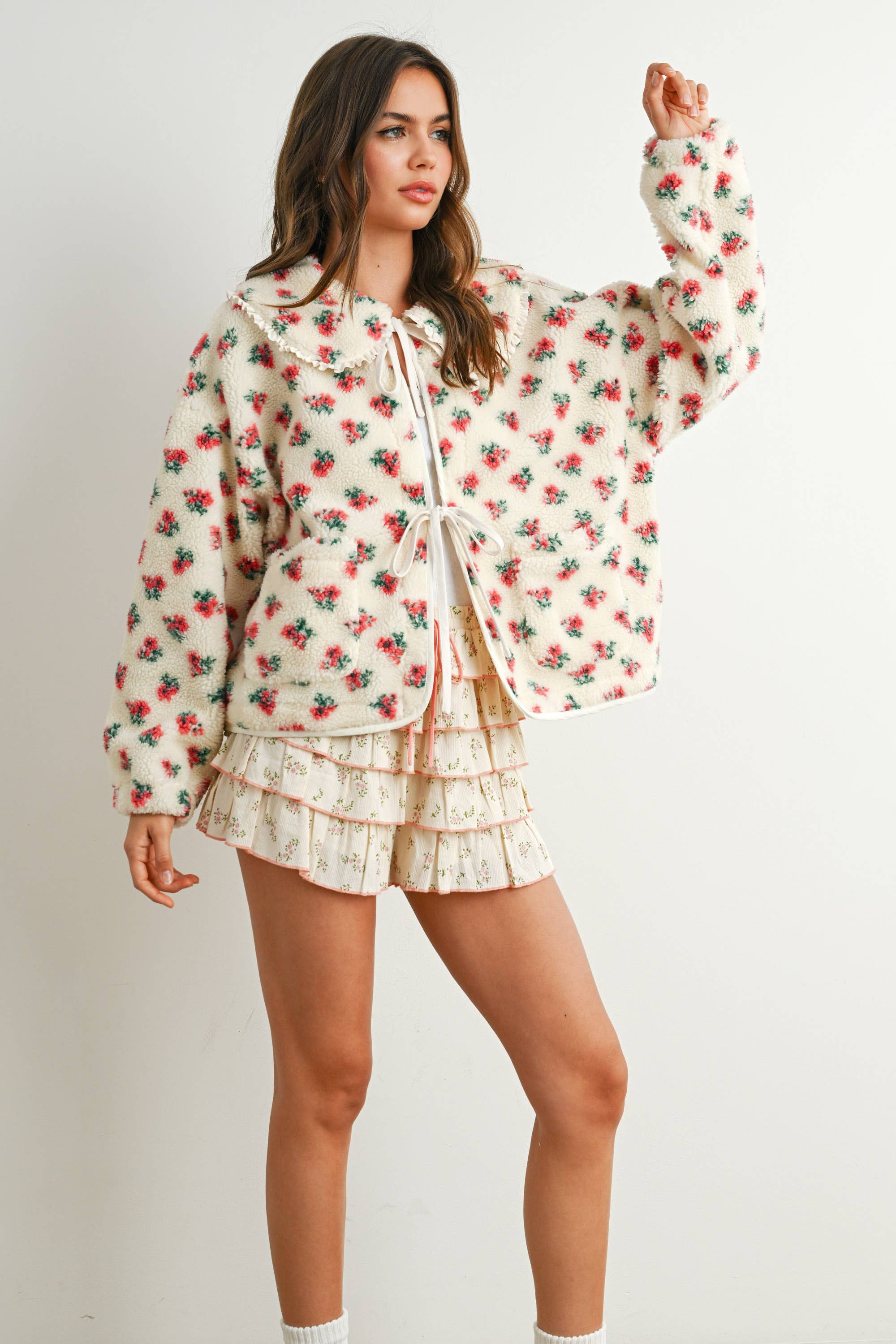BUTTERMELON - Wholesale Jacket - Women's - Floral Puffy Tie-Front Long Sleeve Jacket - BMJ784112