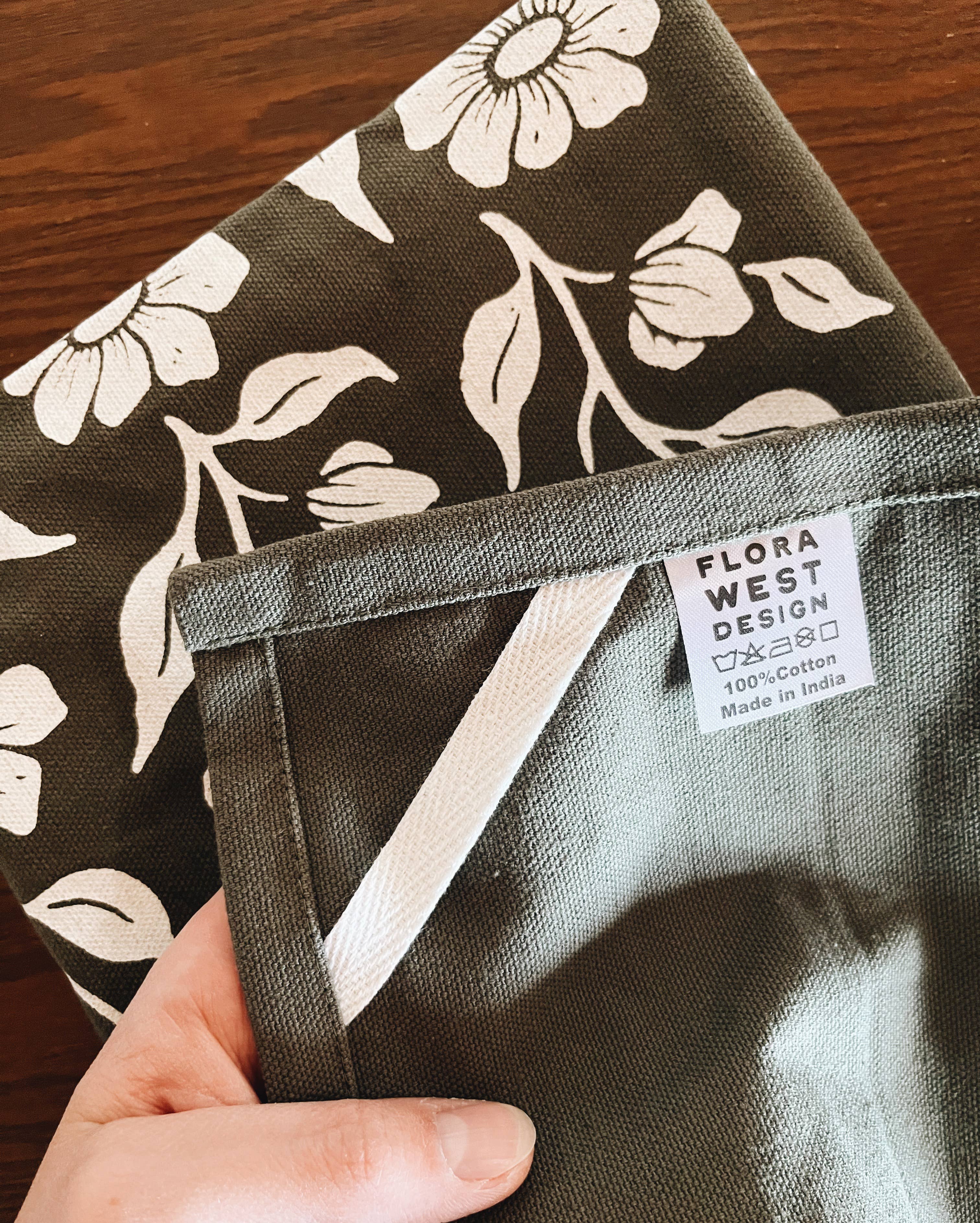 Flora West Design - Wholesale Tea Towel - Organic Cotton Tea Towel Kitchen Accessories Floral on Olive1