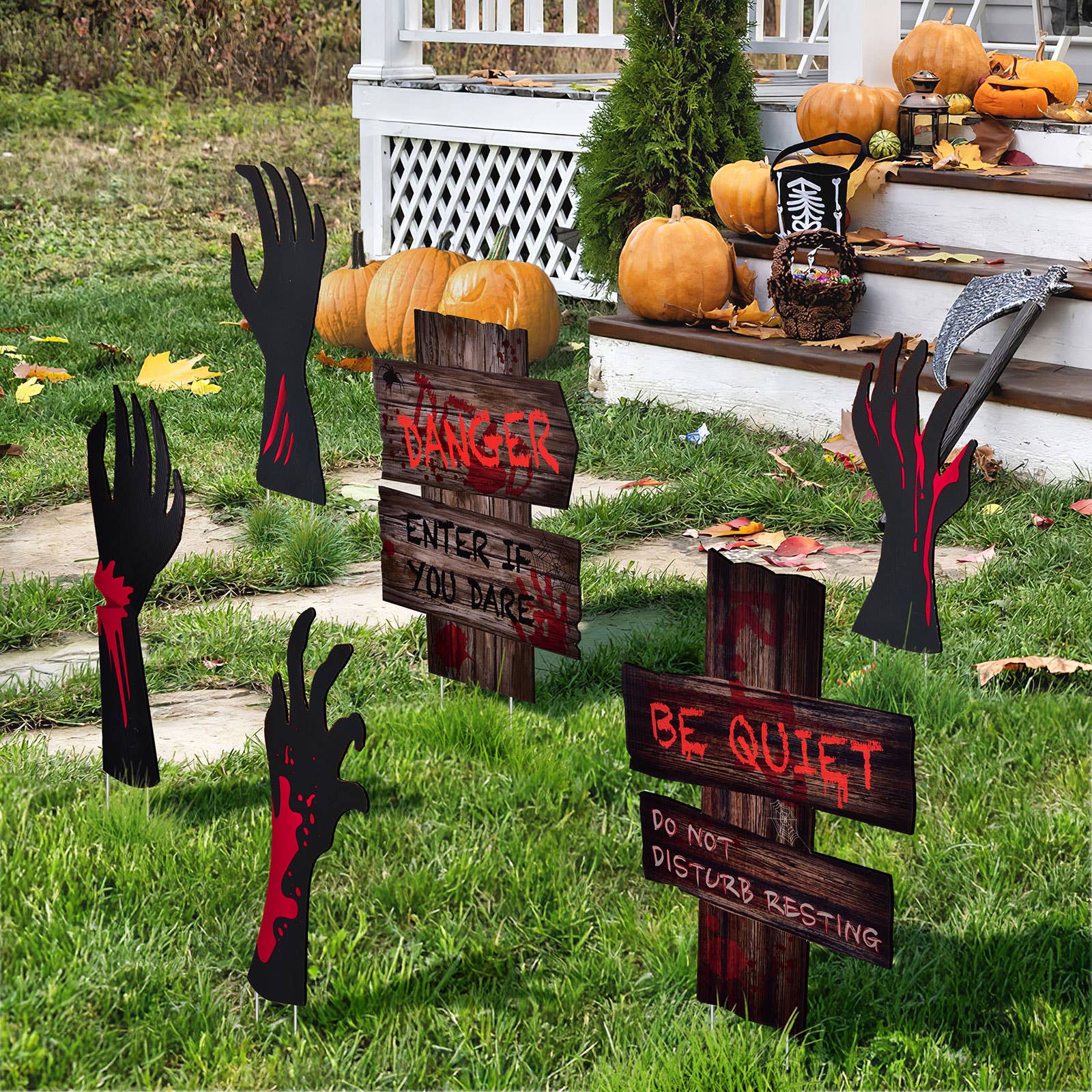 Fun Little Toys – Sinalização ao ar livre por atacado – Conjunto de 8 Placas de Jardim de Halloween com Mãos Sangrentas8