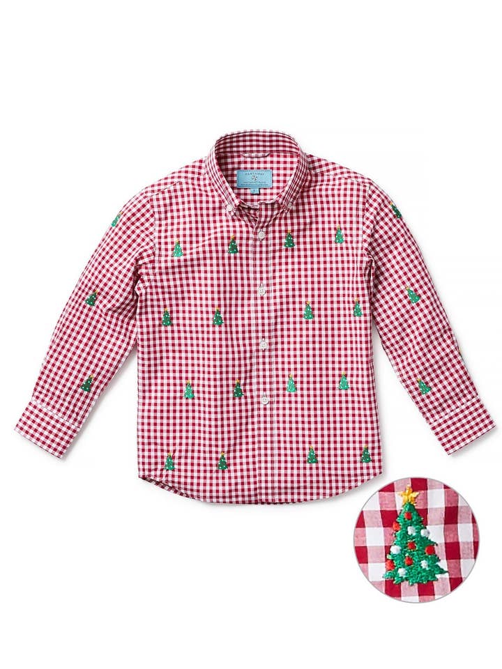 Camicia James da bambino, larga, a quadretti, rossa con albero di Natale per la vendita all'ingrosso da parte di Castaway Clothing Nantucket Island