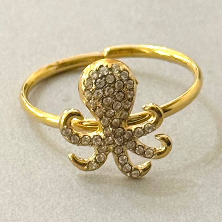 Cassette Barcelona - Vendita all'ingrosso Anelli multipietra - Anello Polpo in Acciaio Inox Ursula con Zirconi Bianchi0