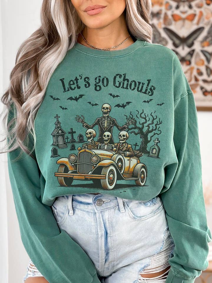 Let's Go Ghouls Retro Halloween Skeleton Spooky Sweatshirt for wholesale by Monday Muse