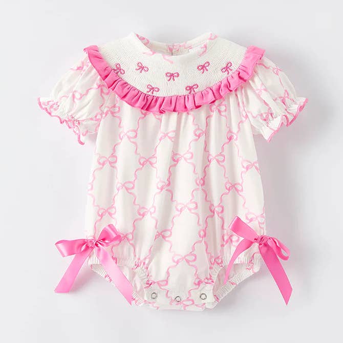 Baby Summer Pink Bow Smocked Embroidered Bubbles Romper for wholesale by Auraquise
