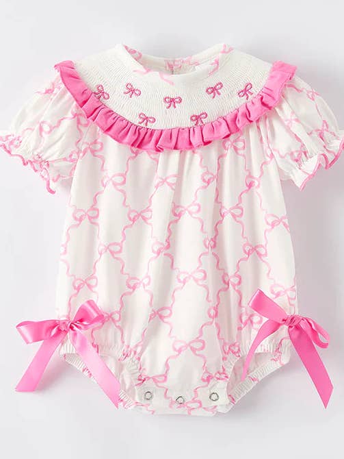 Baby Summer Pink Bow Smocked Embroidered Bubbles Romper and other Purchase Wholesale bow romper. Free Returns & Net 60 Terms on Faire trending on Faire.