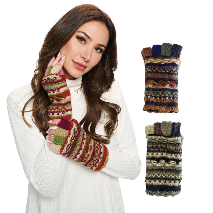 Yak & Yeti - Wholesale Gloves - Women's - Knit Fingerless Gloves Striped Embroidery Details
