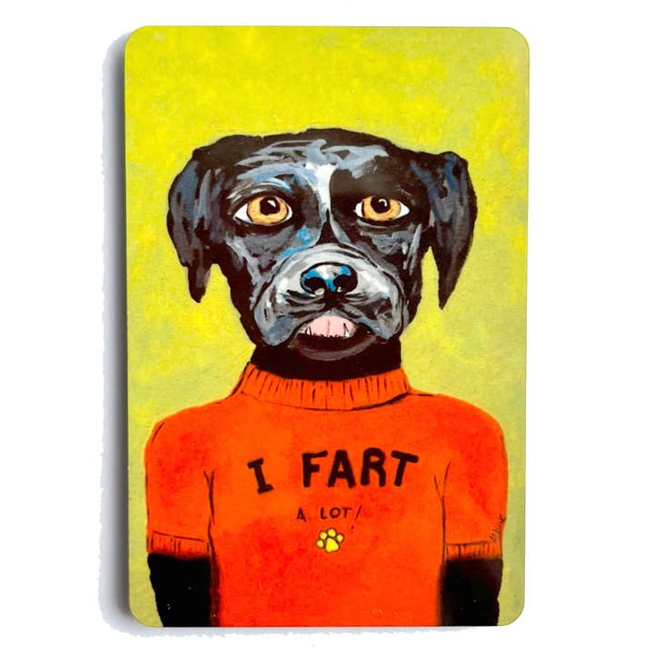 The Farter: I Fart a Lot Black Dog Magnet for wholesale by Alison E. Kurek