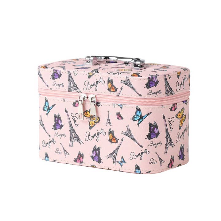 Selini New York - Wholesale Makeup/Cosmetic Bag - Medium Butterflies & Paris Makeup Train Case-LNCTB3006-PK
