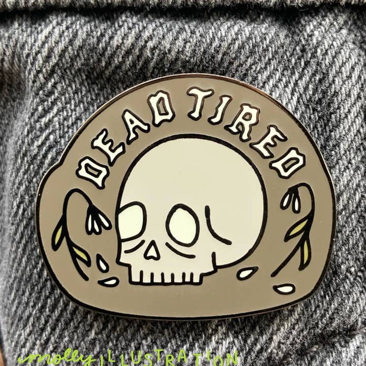 Dead Tired Skull with Flowers Hard Enamel Pin for wholesale by Molly Illustration
