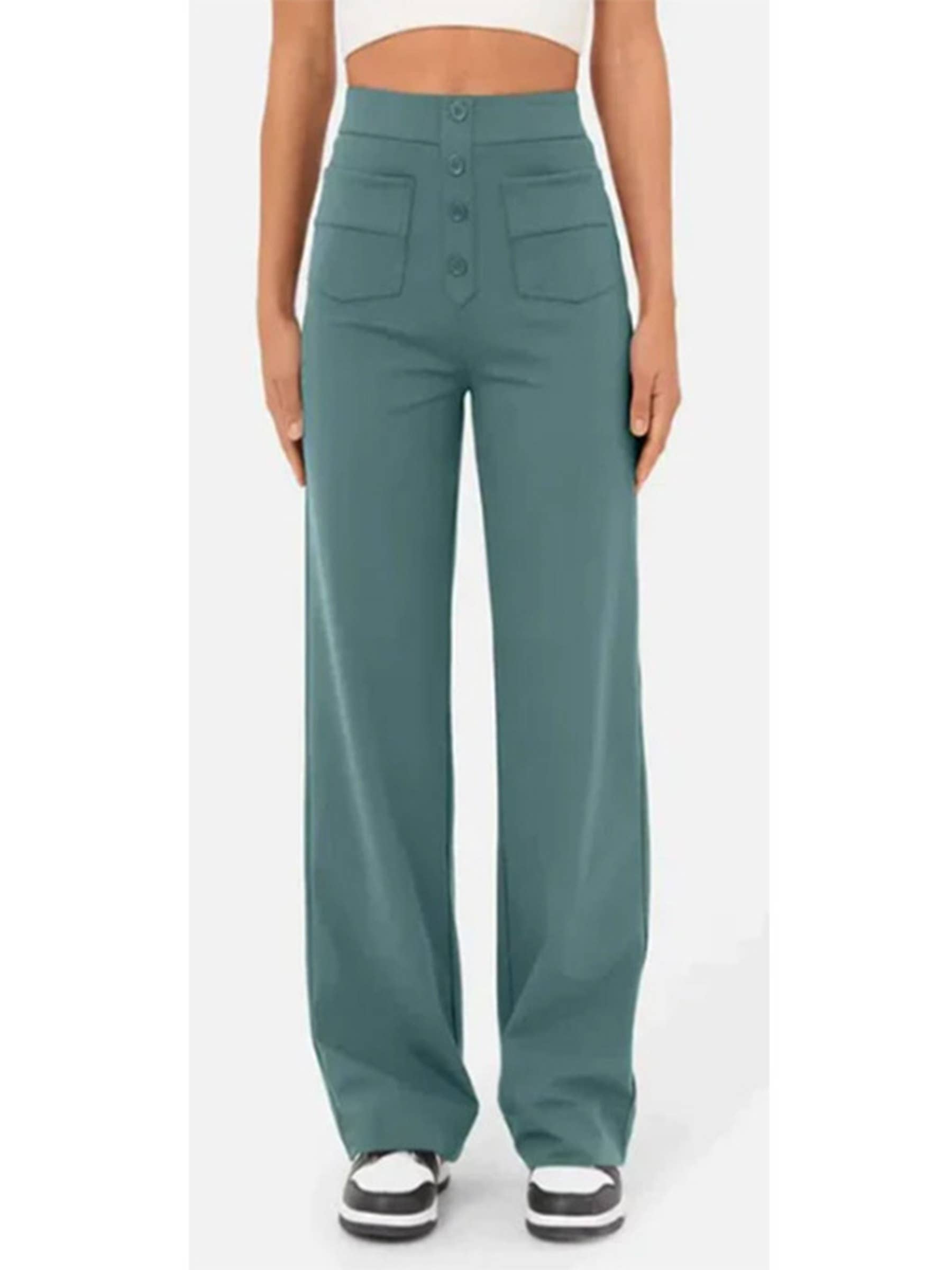 Wholesalesir - Wholesale Pants - Women's - High Waisted Pocket Button Casual Loose Straight Leg Pants4