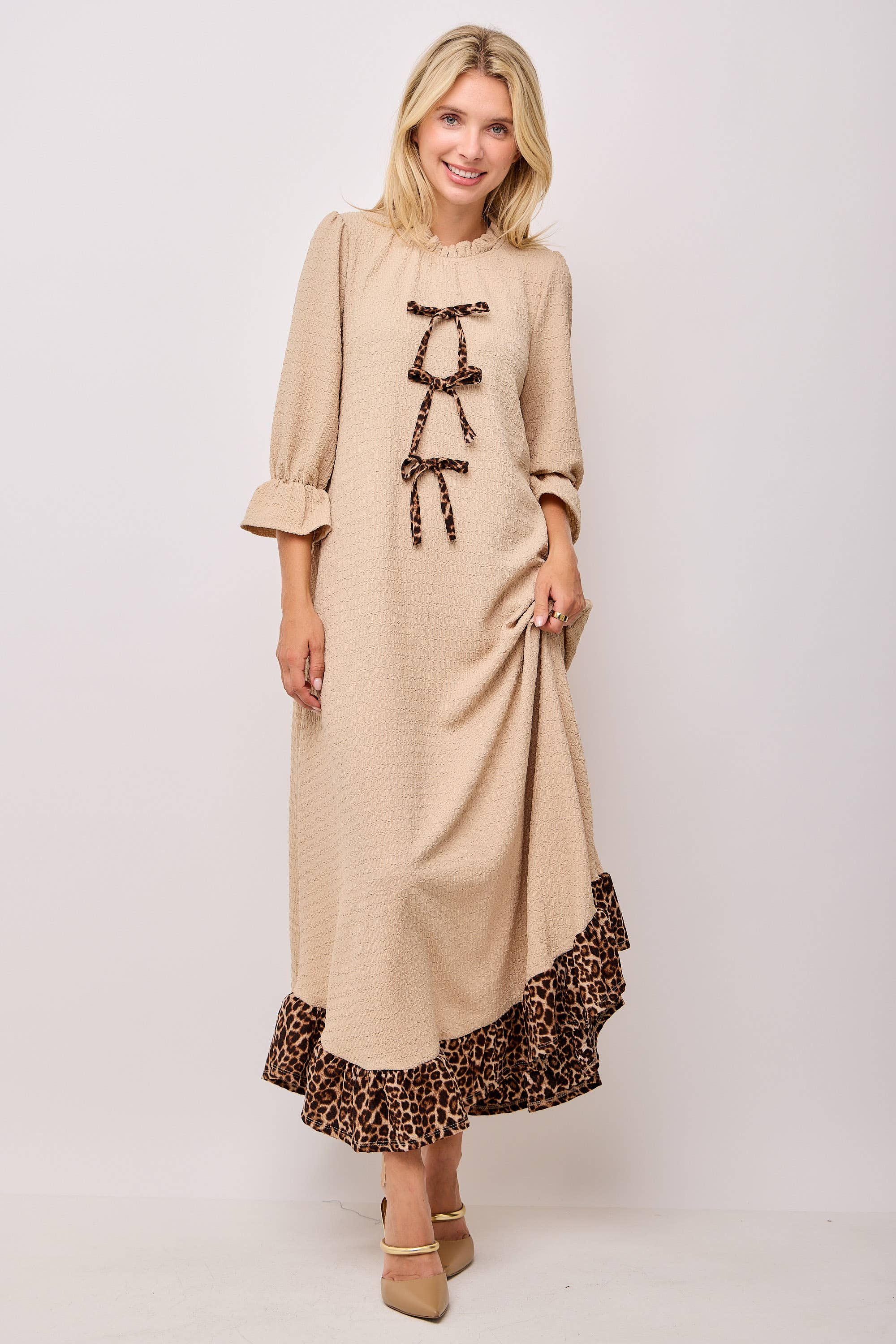 Celeste Clothing - Wholesale Dress - Women's - WOMEN'S PLUS SIZE  MAXI DRESS -LEOPARD CONTRAST AND BOWS 14