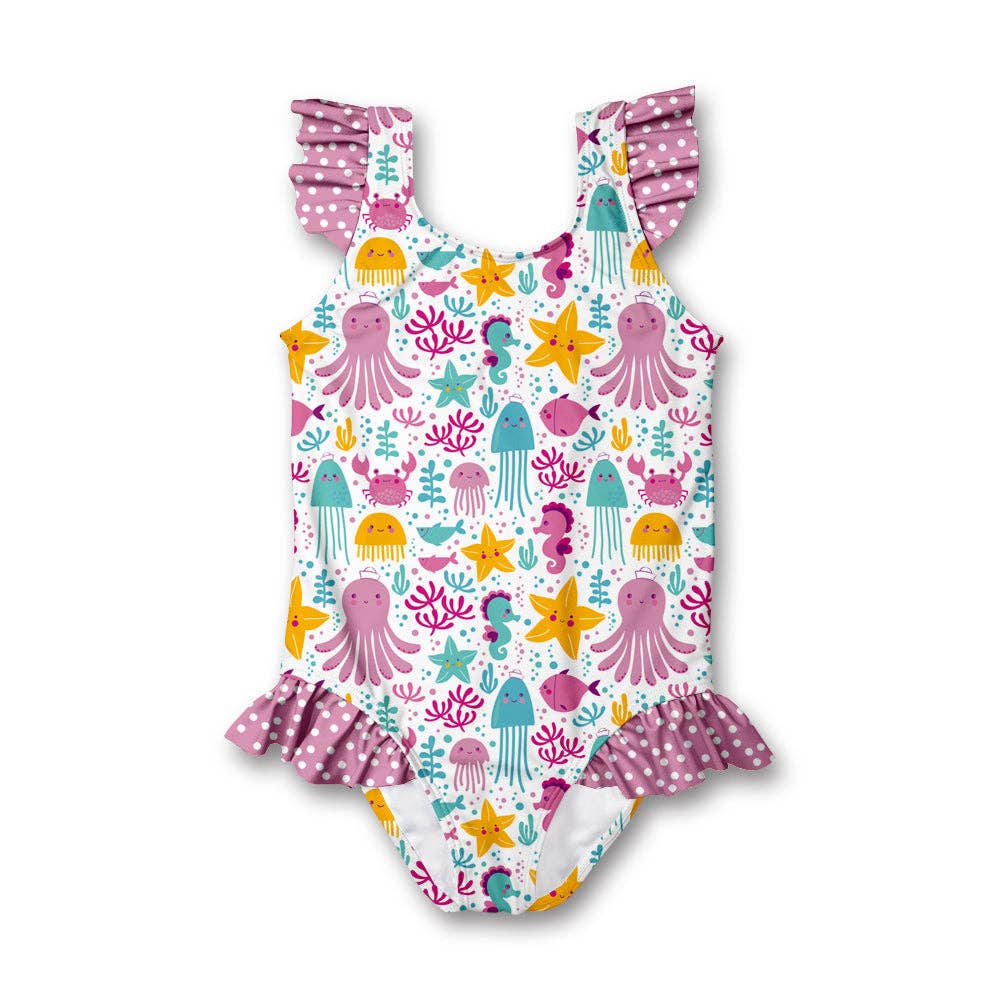 Girls Swim White Ocean Wonder Ruffle-Accent One-Piece for wholesale on Faire0