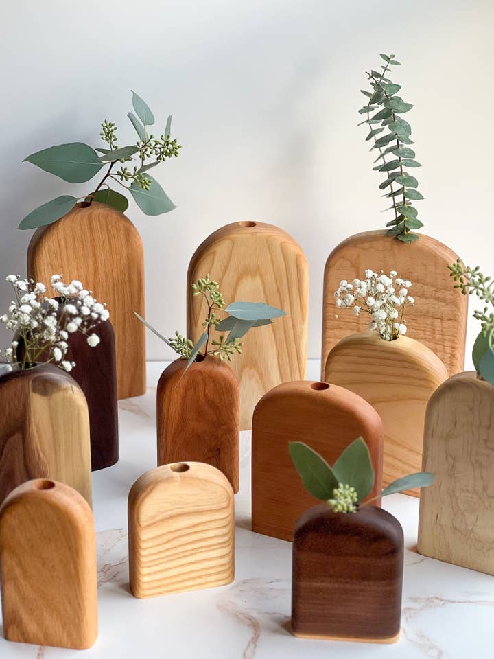 Organic Wood Bud Vase for wholesale by Camino Woodshop