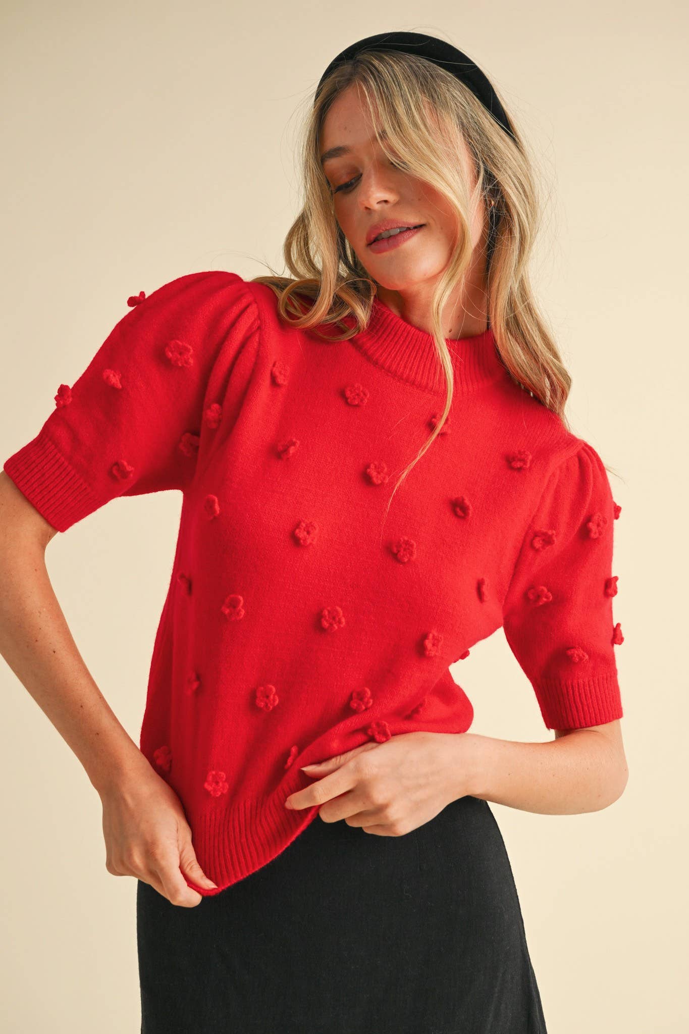 &MERCI - Wholesale Knit Sweater - Women's - 3D FLORAL KNIT SHORT SLEEVE SWEATER MSW105376