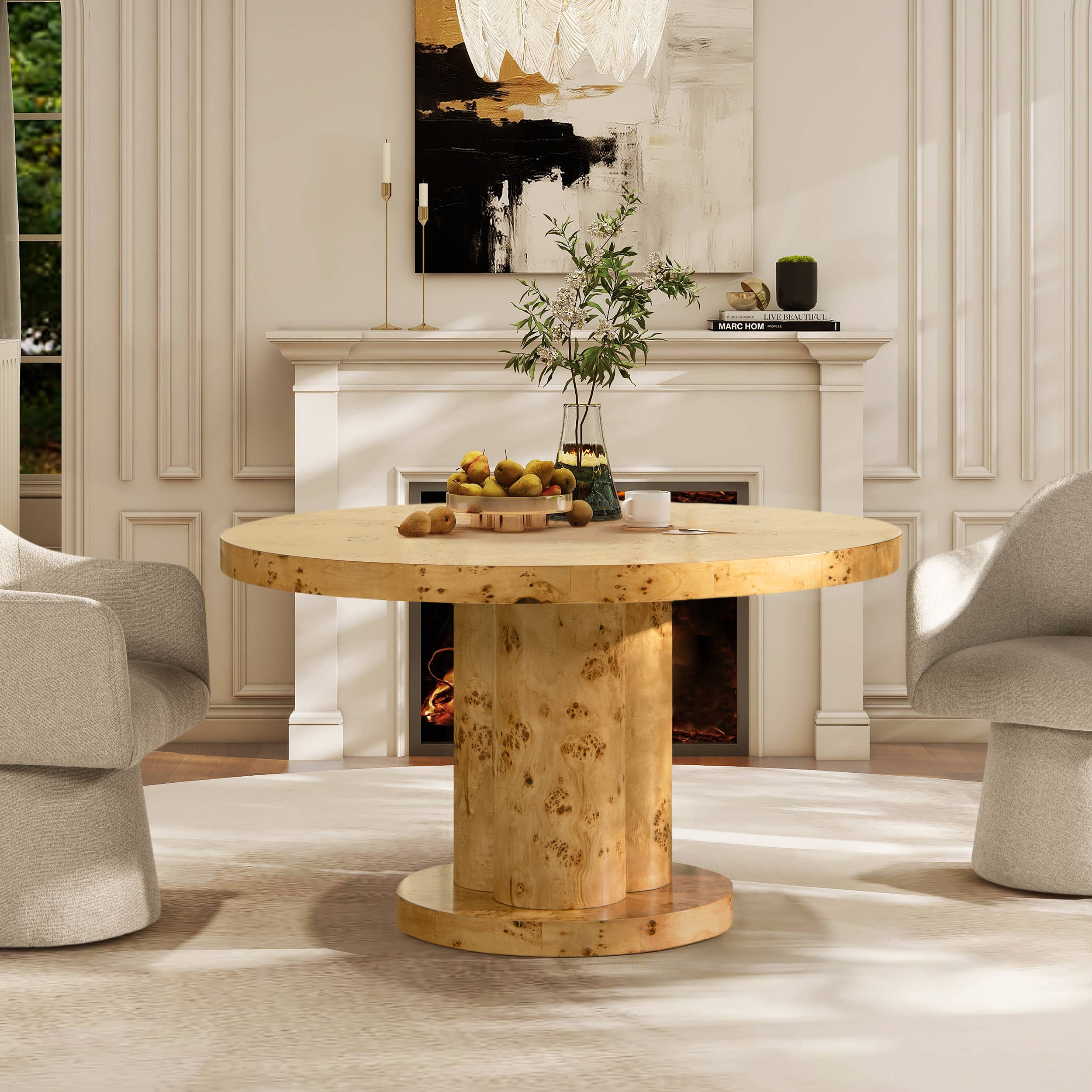 Jennifer Taylor Home - Wholesale Coffee Table - Nebula 51" 5-6 Seater Round Burl Pillar Dining Table  Wood4