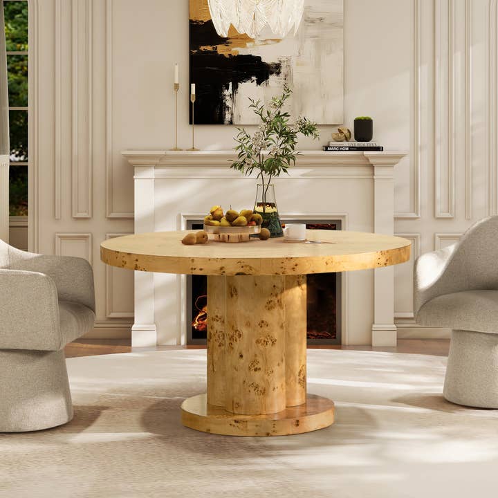 Jennifer Taylor Home - Wholesale Coffee Table - Nebula 51" 5-6 Seater Round Burl Pillar Dining Table Wood4