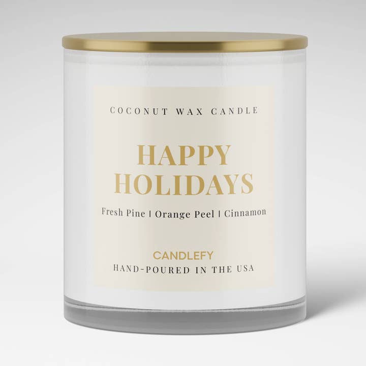 Happy Holidays Candle · 10oz White Glass Tumbler · Gold Lid for wholesale by Candlefy