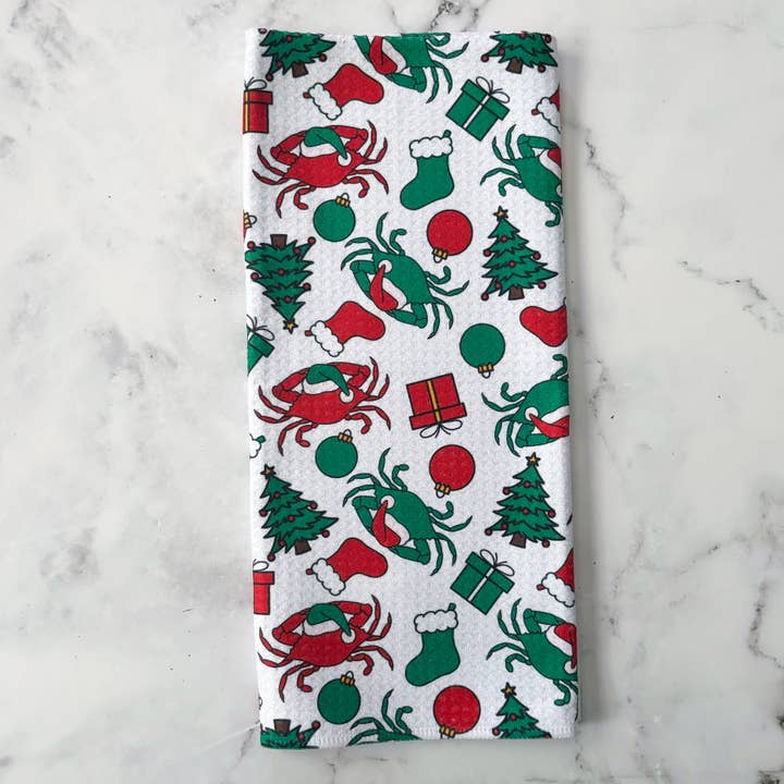 Jami Creates - Wholesale Tea Towel - Maryland Christmas Crab Patterned Waffle Kitchen Dish Towel