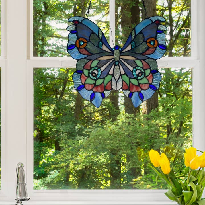12"H Grayson Purple, Blue & Red Butterfly Window Panel for wholesale by River of Goods