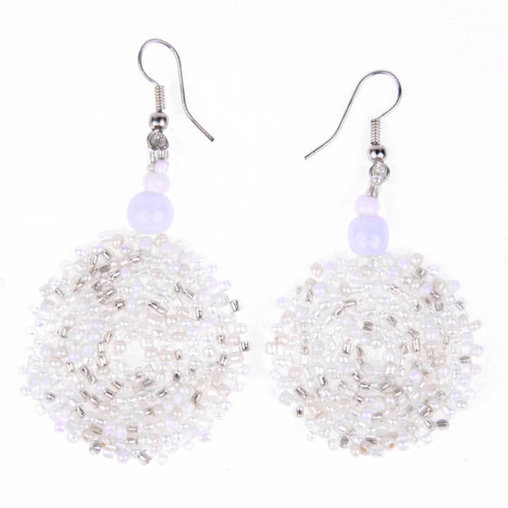 Hand crocheted seed bead Earrings in White silver for wholesale by Erik & Mike