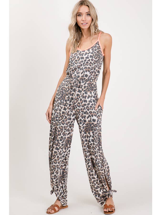 As Shown Leopard Print Drawstring Waist Ankle Tie Cami Jumpsuit J2425 for wholesale on Faire4