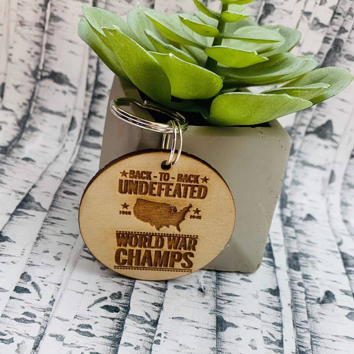 Back To Back Undefeated World War Champs Etched Keychain for wholesale by Hazel Grove Customs