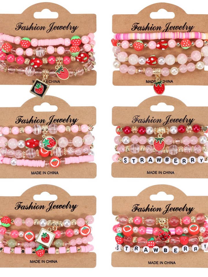 CWMM10452_CUTE STRAWBERRY FRUIT CHARM BEADED BRACELET SET for wholesale by NINEXIS