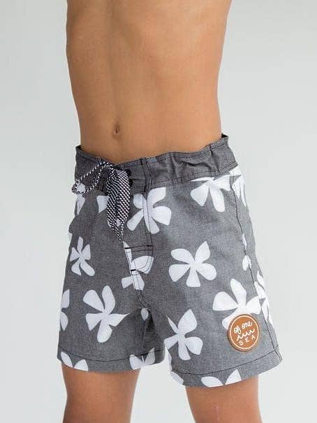 Kid’s Townshorts in Black Plumeria for wholesale by Of One Sea