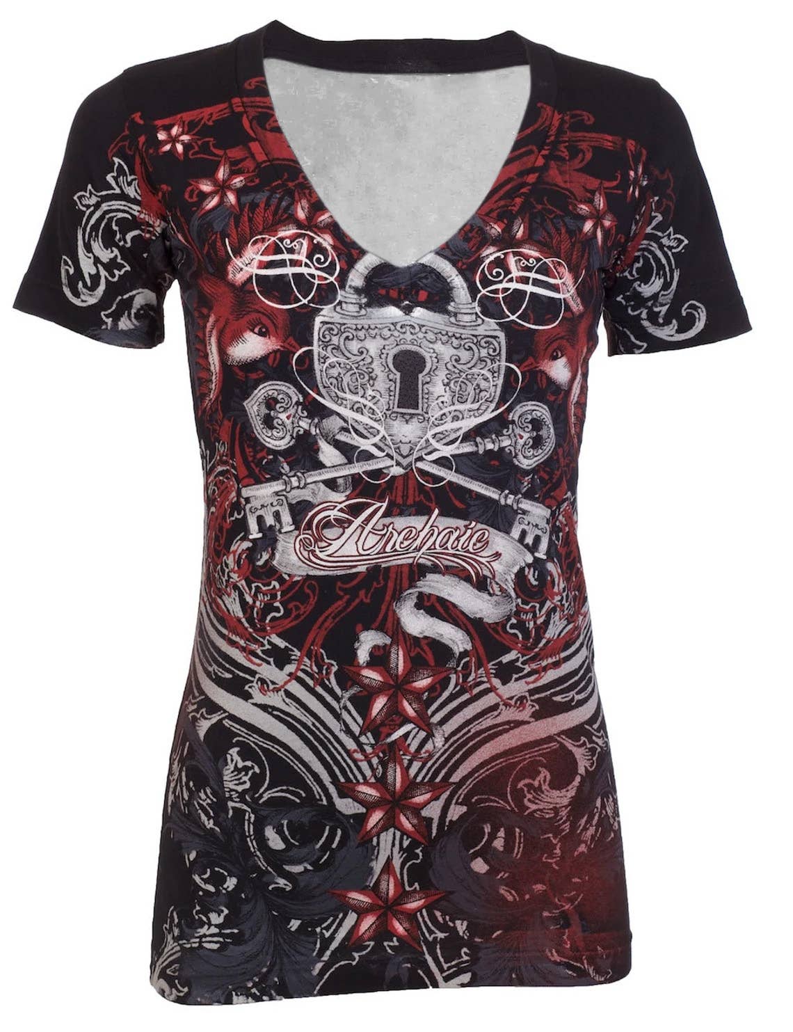 Black Archaic by Affliction Women's T-shirt Queen Lady for wholesale on Faire0