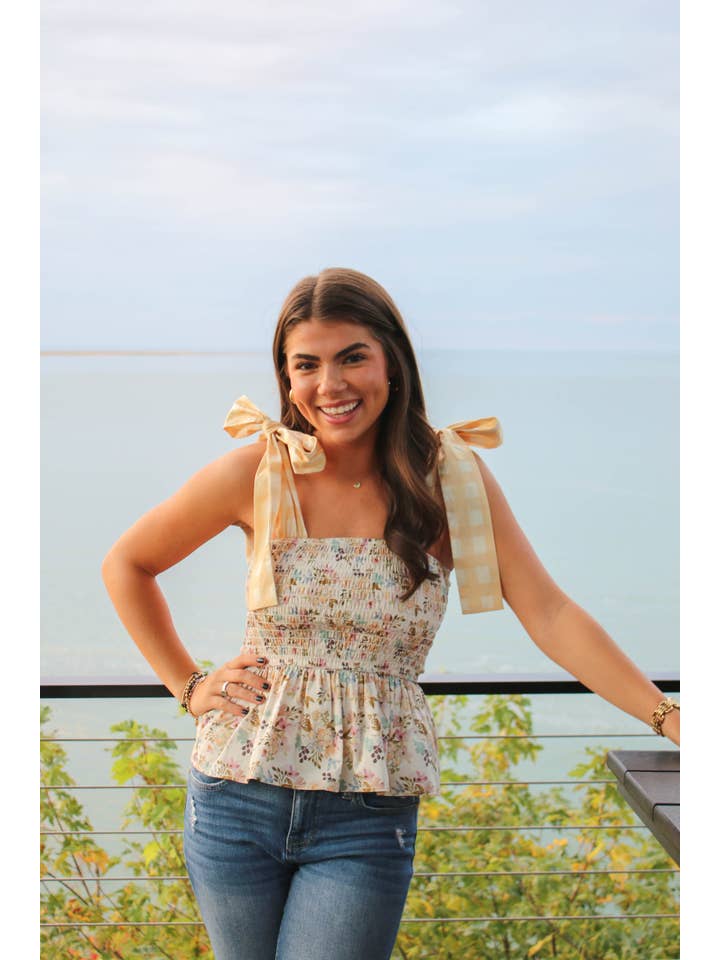 hey friends - Wholesale Blouse - Women's - Floral & Gingham Peplum Top Bow Straps - Made in the USA6