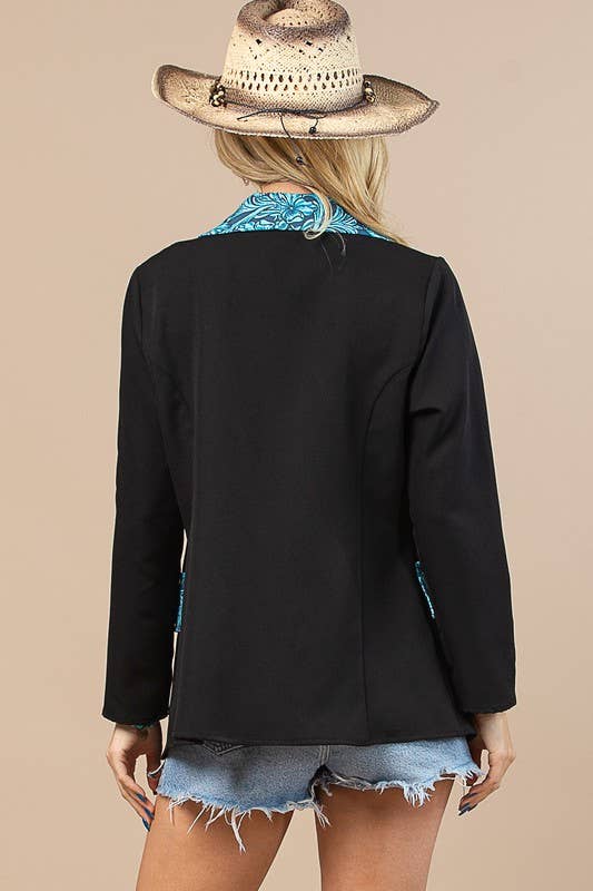 BLACK TURQUOISE AV1250-TORY WESTERN TOOLED LEATHER WOVEN BLAZER for wholesale on Faire5
