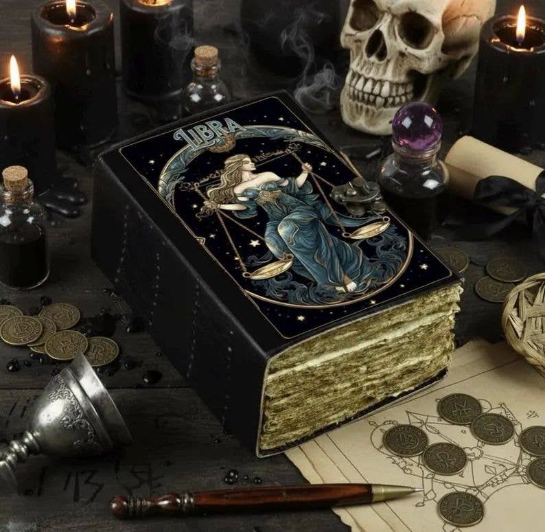 MNM HANDICRAFTS - Vente Journal intime - Journal en cuir vintage Grimoire Balance Livre en cuir du zodiaque1