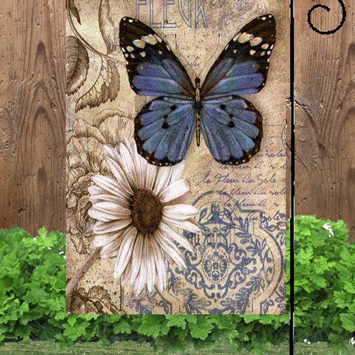 Happy Cow Lawn Decor – wholesale Flagga – Blå fjäril och vit prästkrage trädgårdsflagga