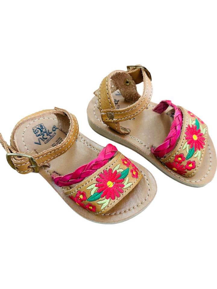 Cielito Lindo - Wholesale Sandals - Kids - Mexican Girl Pink Flower Leather Sandals2
