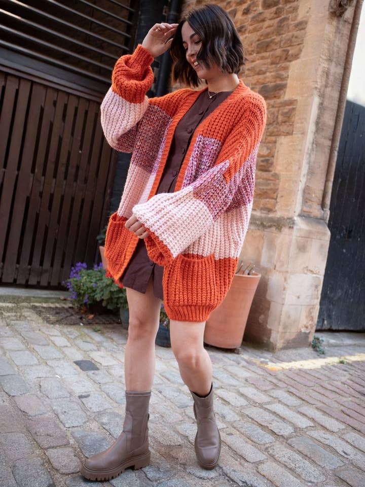 Janie Oversized Chunky Stripe Cardigan - Orange for wholesale by Cara & The Sky