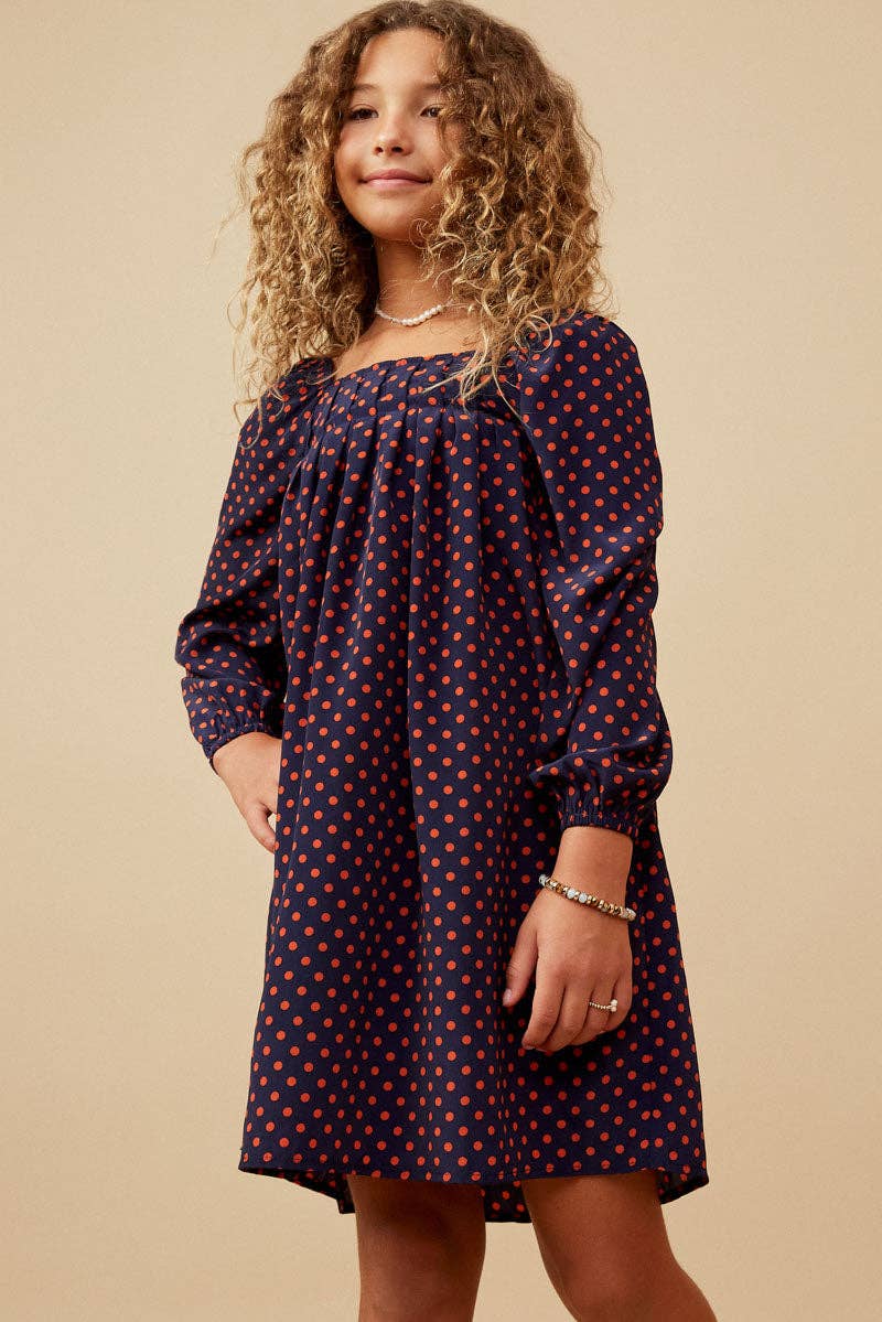 Navy Girls Polka Dot Print Square Neck Long Sleeve Dress for wholesale on Faire