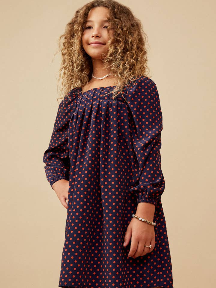 Girls Polka Dot Print Square Neck Long Sleeve Dress for wholesale by Hayden LA